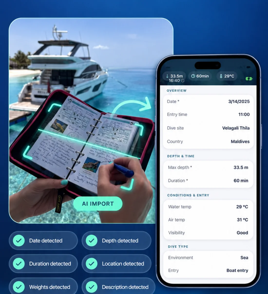 Importación con IA que convierte un logbook de papel fotografiado en una inmersión estructurada